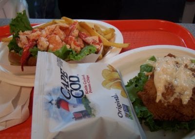 tray with lobster roll plate and fried fish plate at JT's Seafood